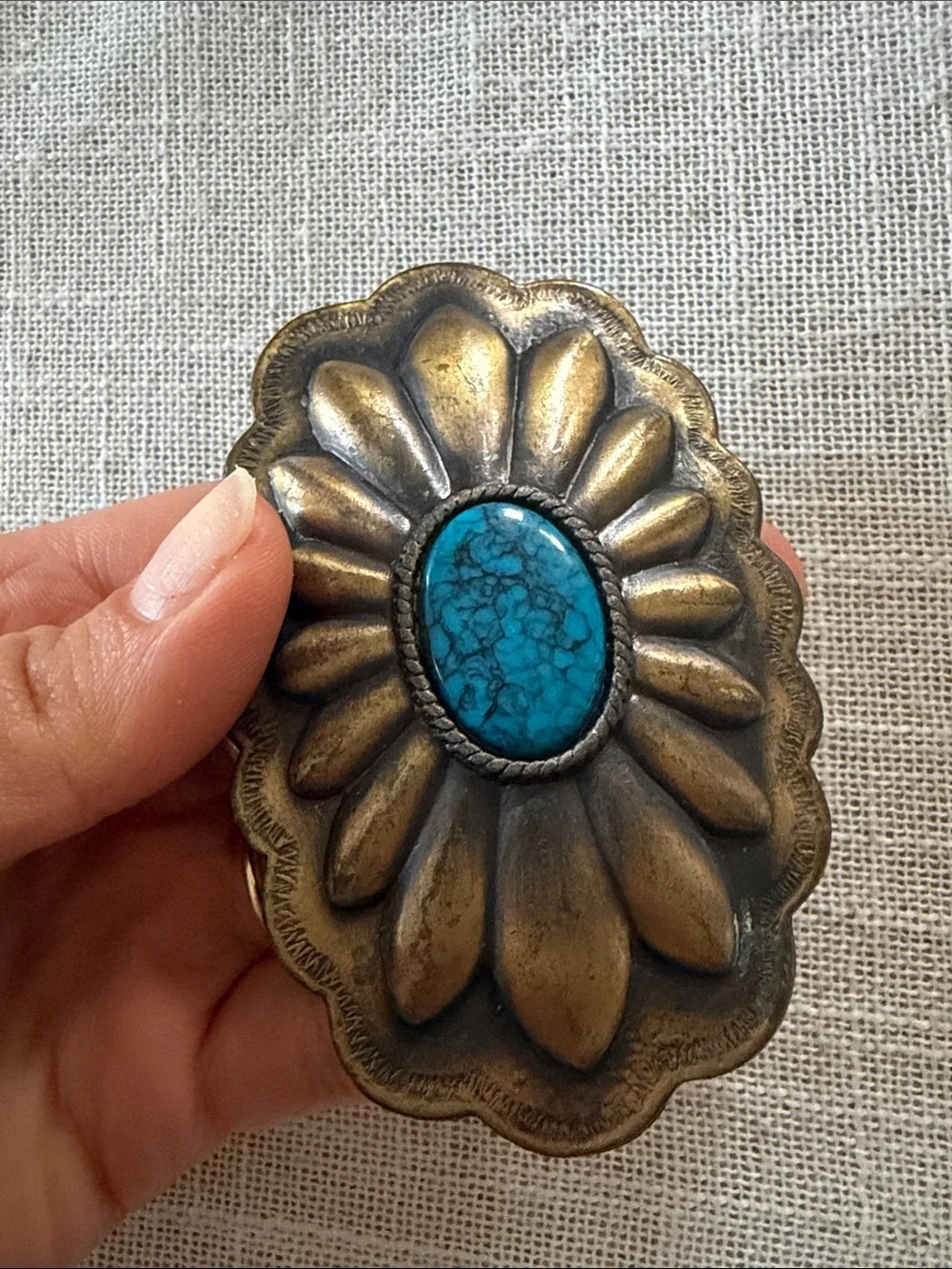 Turquoise Accent Brass Floral Belt Buckle